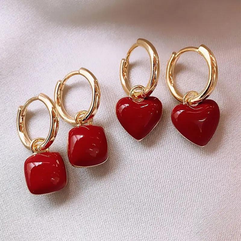 LATS Nouveau Design Boucles d'Oreilles Pendantes Coeur d'Amour Rouge pour Femmes Couleur Or Cercle Vintage Pêche Goutte Boucle d'Oreille Peut Être Séparée Zircon