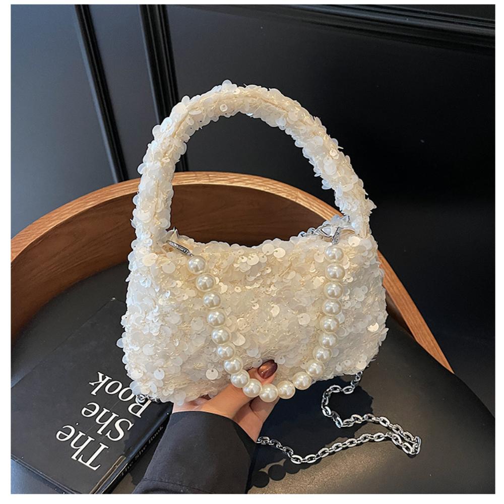 Elegant Sequin Evening Bag for Women Luxury Pearl Chain Crossbody Bag Fashion Sparkly Small Square Handbag Party Shoulder Purse