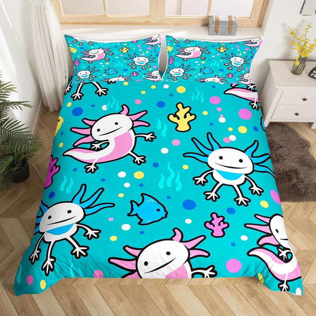 Cartoon Axolotl Bettbezug Queen Size, Sonnenblumen Bettwäscheset Niedliches Tier Botanisch Bettdeckenbezug Aquarell Gelb Steppdeckenbezug