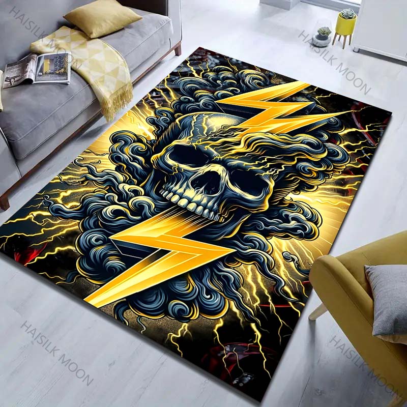 Golden Lightning and Skull Pattern Carpet for Bedroom Living Room Bedside Sofa Floor Mat Modern Home Decor Paly Area Rug