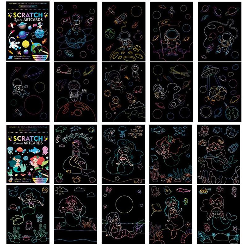 18 PCS Scratch Painting Papers Magic Rainbow Colored Drawing Set Space Animal Ocean Pirate Bamboo Stick Gifts for Boys Girls ZYF