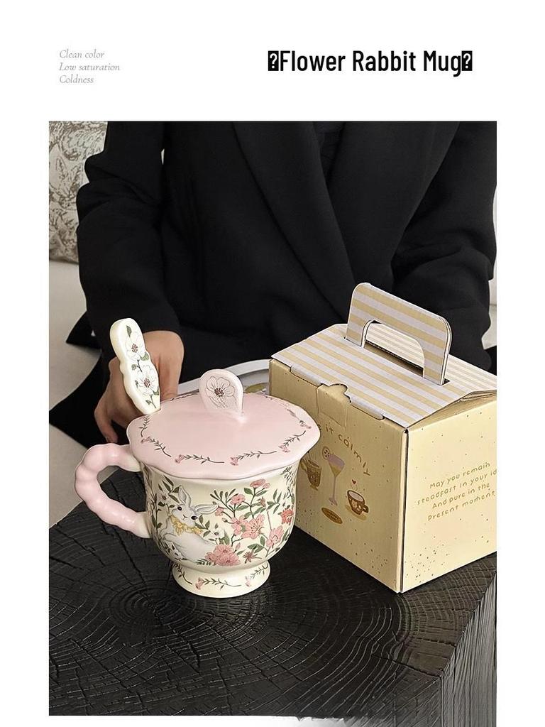 Large Ceramic Mug with Cute Rabbit and Flowers Design, Lid, and Spoon