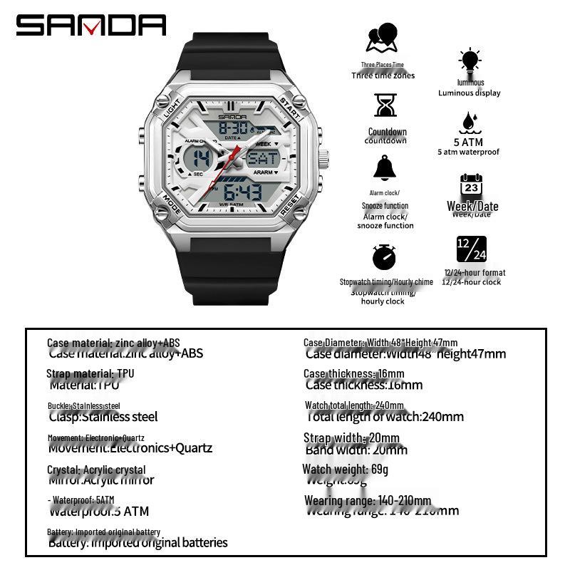 Sanda Men's Multifunctional Waterproof Electronic Watch - Trendy Timer with Dual Display & Three-Time Zone Outdoor Alarm.