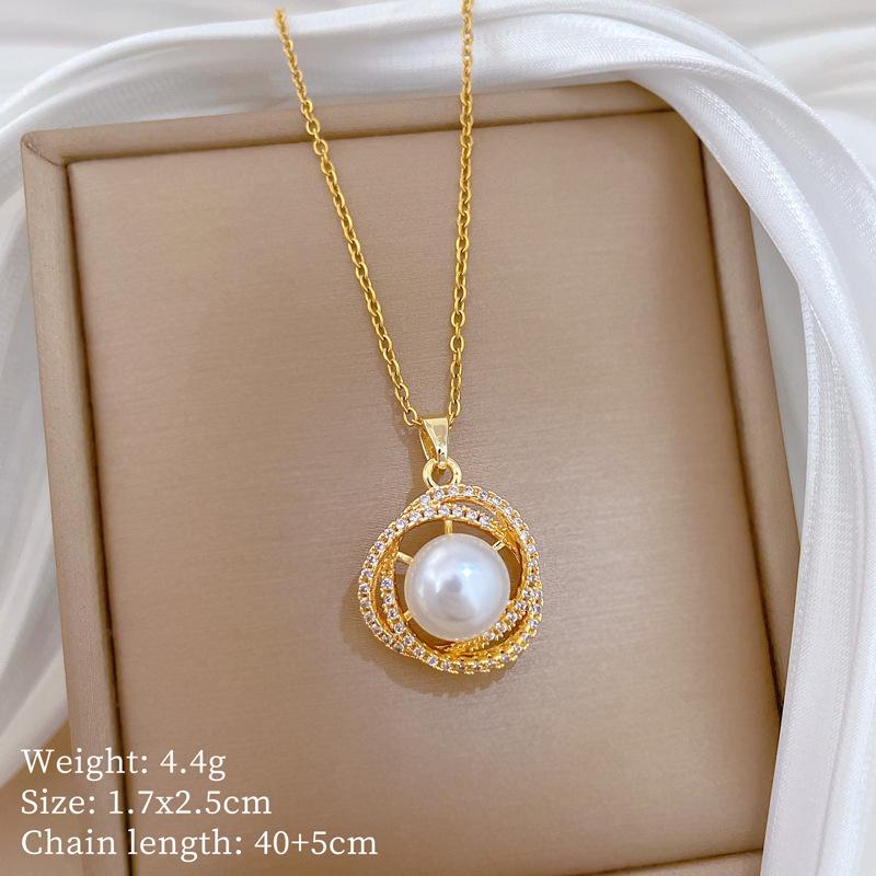 Bird'S Nest Pearl Zircon Light Luxury Temperament Gorgeous Full Diamond Necklace Female Versatile Clavicle Chain Titanium Steel