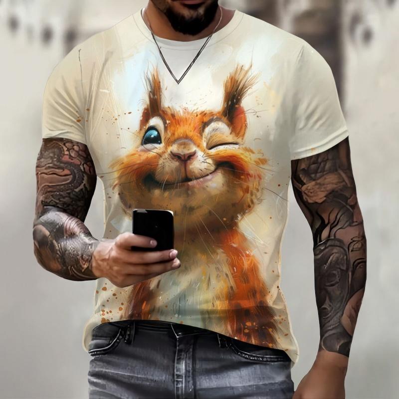 Squirrel Dog Bee Pattern Men's T-shirt Fun Animal 3D Printed Short Sleeved Top Fashionable Street Trend Harajuku Round Neck Clothing