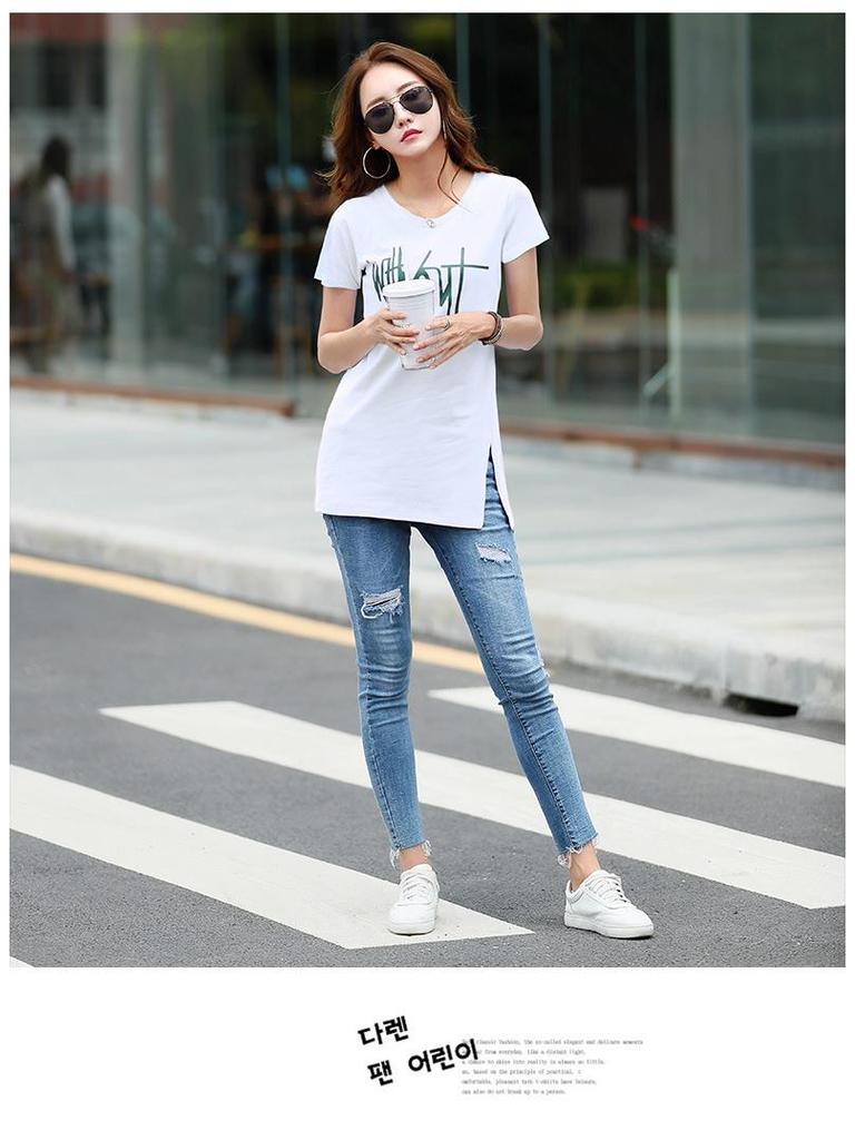Women's Mid-Length Loose Letter T-Shirt, Korean Style Summer Casual Half-Sleeve White Top