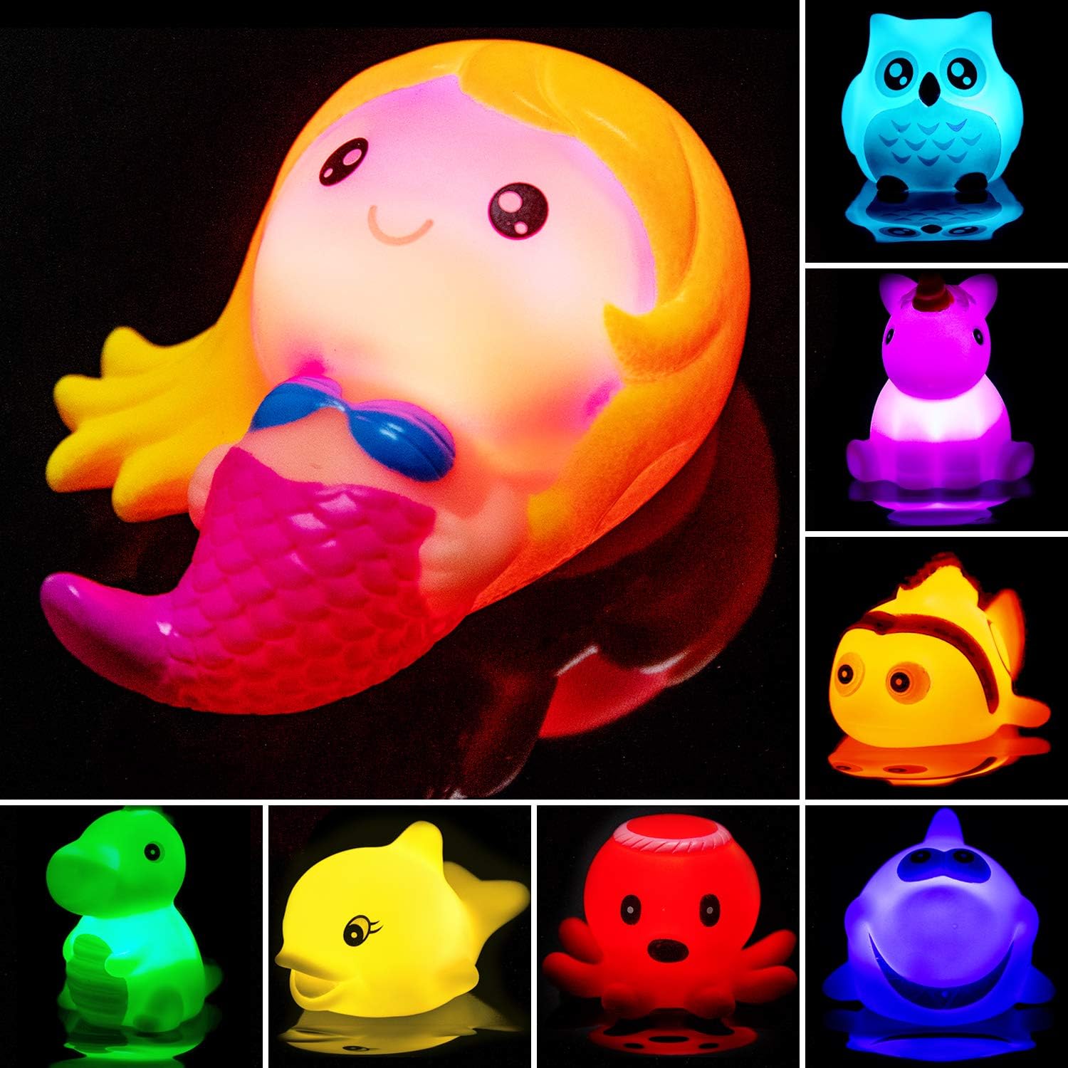 Bath Toys for Toddlers Baby 8 Pack Light Up Toys - Bathtub Toy Flashing Colourful LED Light Shower Bathtime for Kids Infants Shark, Clown Fish, Owl,