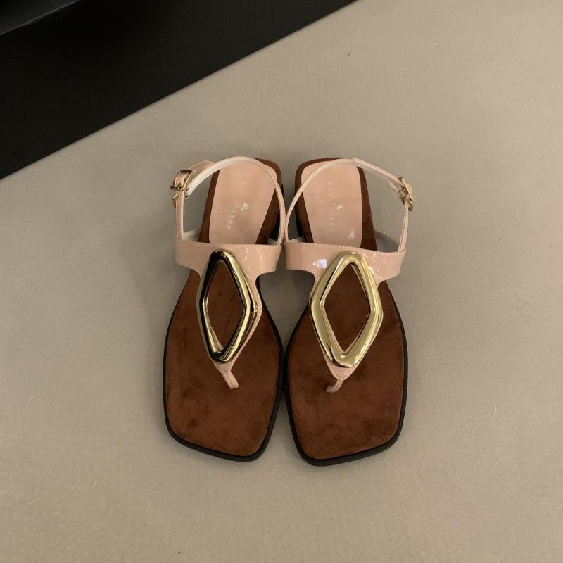 French Wedge Heel Metal Buckle Niche Toe Sandals Women's Summer 2025 New Models with Skirts Vacation Beach Roman Shoes