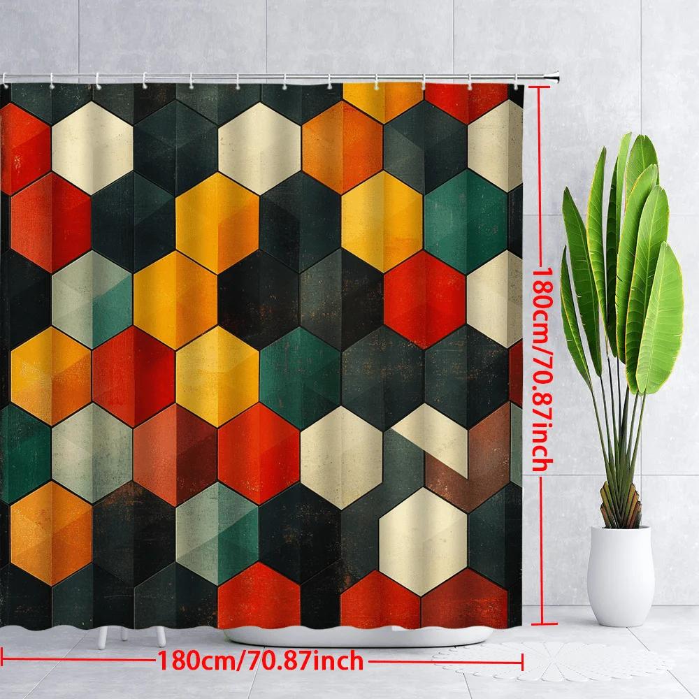 1 szt. Sześciokątna Artystyczna Zasłona Prysznicowa - Retro Mozaika, Czerwony Żółty Zielony Niebieski Biały Na Ciemnobrązowym, Poliester, Dekoracja Łazienki