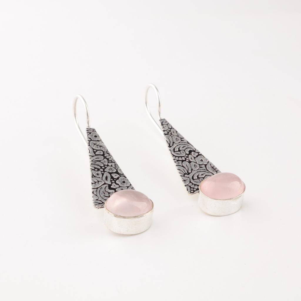 Natural Rose Quartz Gemstone 925 Sterling Silver Jewelry Handmade Earrings 1.9" EE-165-24