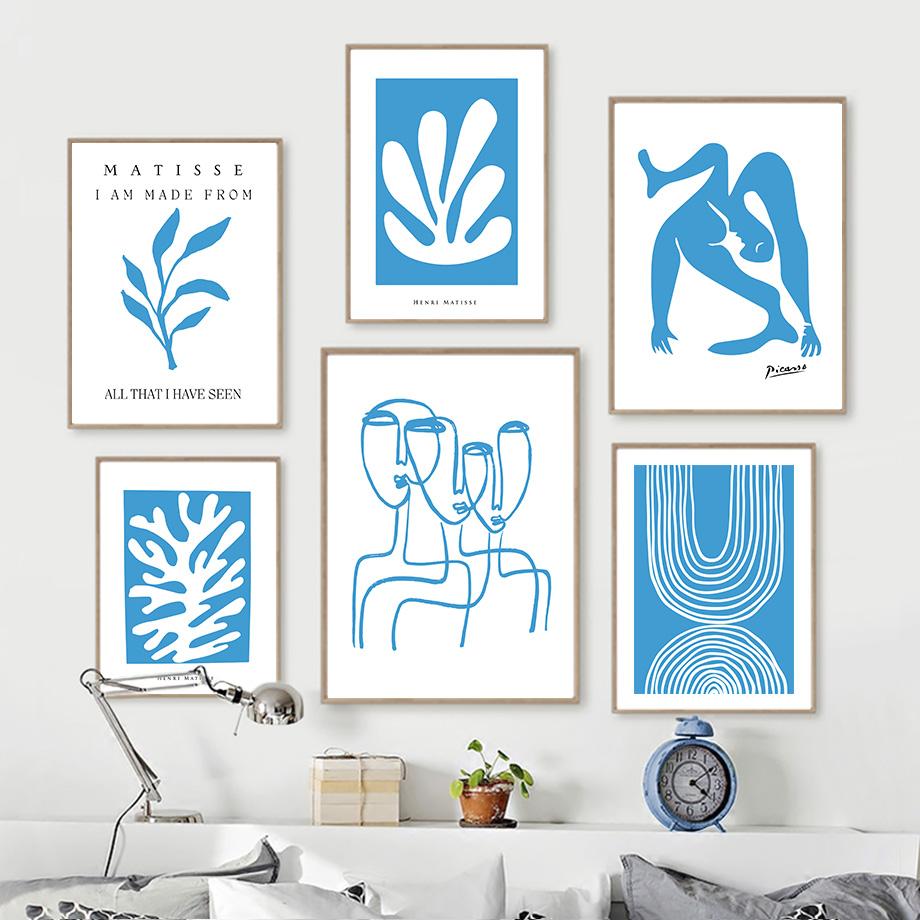 Toile d'art mural avec ligne Matisse Picasso bleue, feuilles de fleurs, peinture, affiches et imprimés nordiques, images murales pour décor de salon