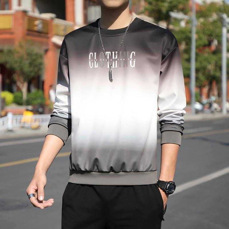 Men's Gradient Long Sleeve Pullover: Spring & Autumn Korean Style Loose Fit Letter T-Shirt.
