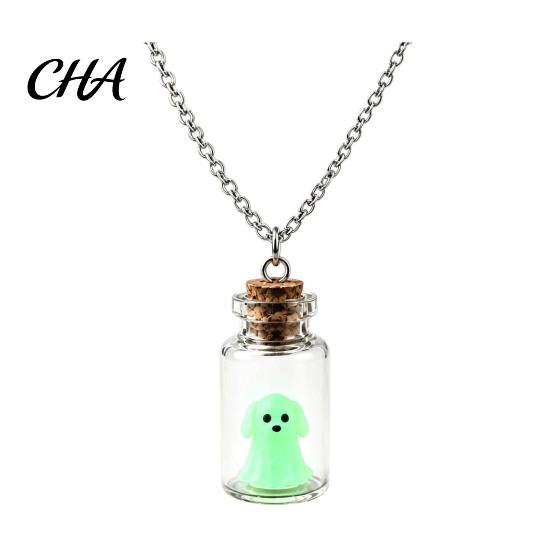 Goth Jewelry Collection Ghost in Bottle Necklace, Glow The Dark Halloween Glass Pendant Charm Jewelry, Adopt A Ghost/Cat/Dog Necklace for Men