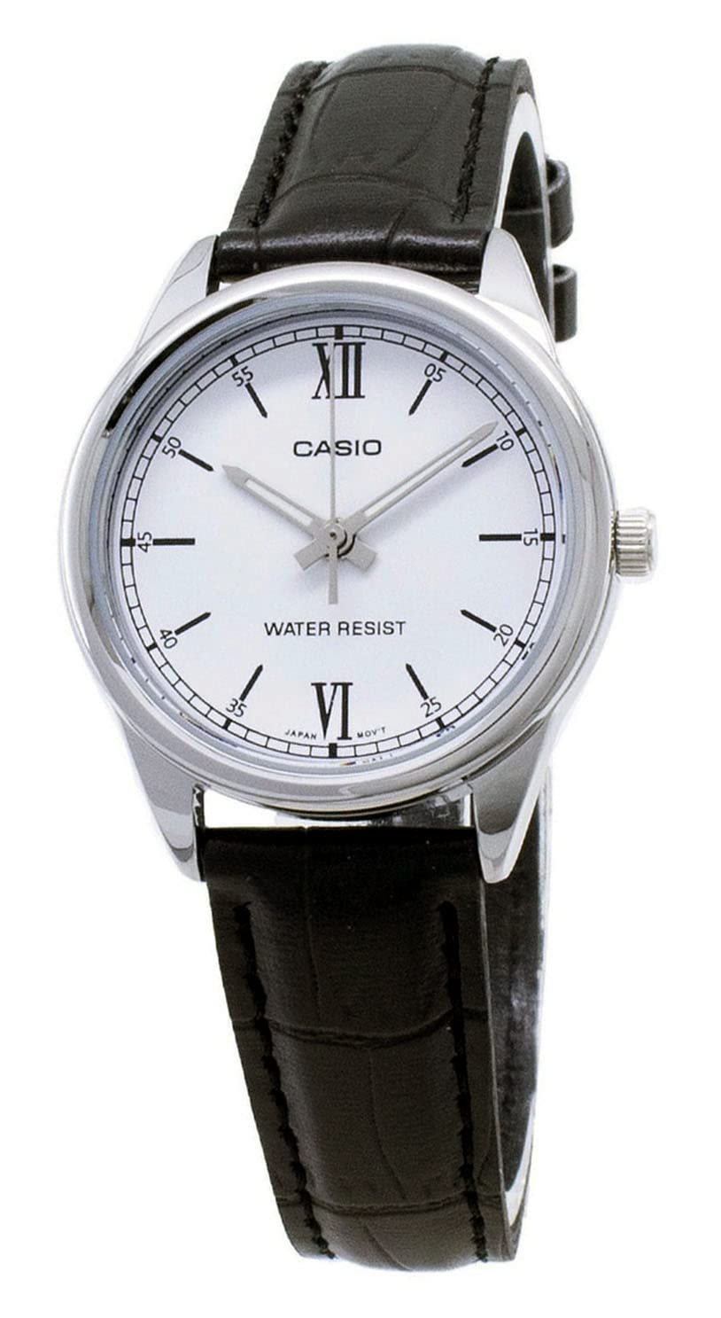 

Стандартные аналоговые часы Casio с черным кожаным ремешком и серебристым браслетом LTP-V005L-7A Женский циферблат,