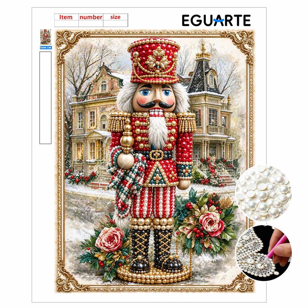 Christmas Nutcracker Soldier Pearl Painting with Frame 3D Sparkling Canvas Art Relaxing Craft for Bedroom Wall Decor Gift and Holiday Decor