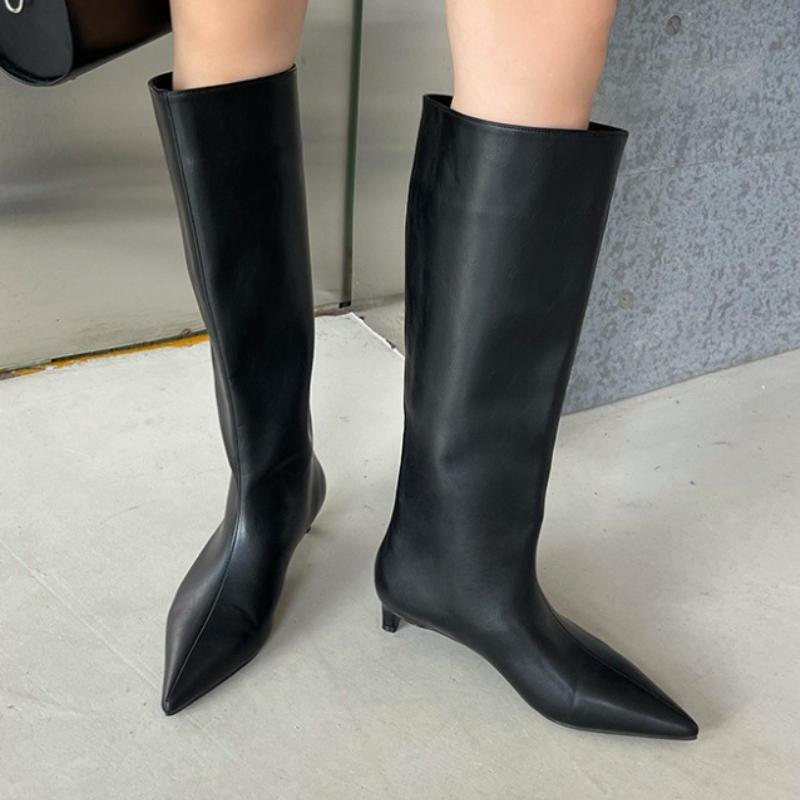 Fashion 2025 Fashion Sexy Pointed Low Heels Knee Long Boots Women's Spring/Autumn PU Sewing Party Ball Western Boots 35-40