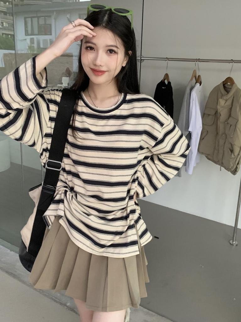 2026 Casual Women Long Sleeve Striped T-Shirt Loose Fit Casual Round Neck Spring Autumn Printed Blouse Fashion Elegant Basic Clothing