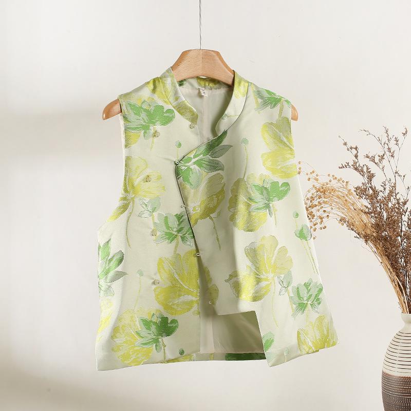 Green lotus brocade jacquard vest women's new product diagonal placket stand-up collar temperament sleeveless vest