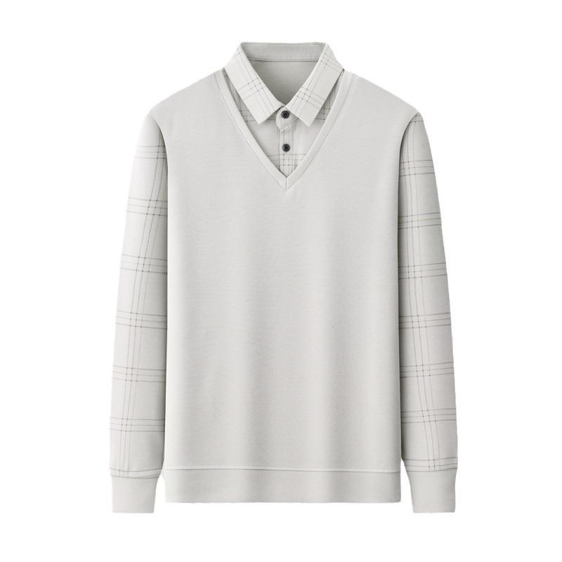 Pánská ležérní pletená košile s dlouhým rukávem a fleecovou podšívkou, vyšívaná kostka, vzhled vrstvení, klopový límec, mírně pružná tkanina na podzim/zimu