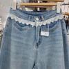 Women's Plus Size High Waist Lace Trim Patchwork Wide Leg Jeans