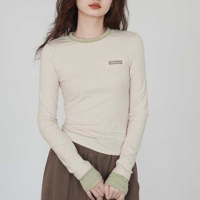 

2026 Winter Women s Slim Fit Velvet Color Block Long Sleeve Round Neck Layered T-shirt 3XL абрикосовий