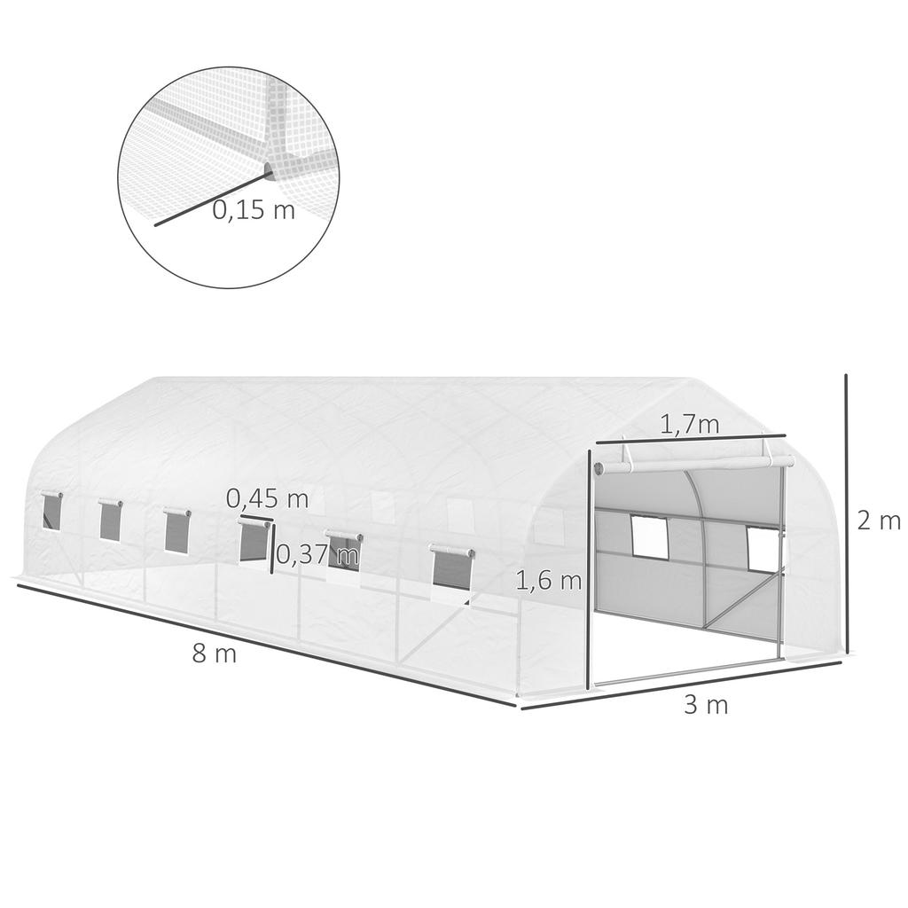 Large tunnel garden greenhouse with PE cover, steel frame, roll-up door and 12 windows 8 x 3 x 2 m white