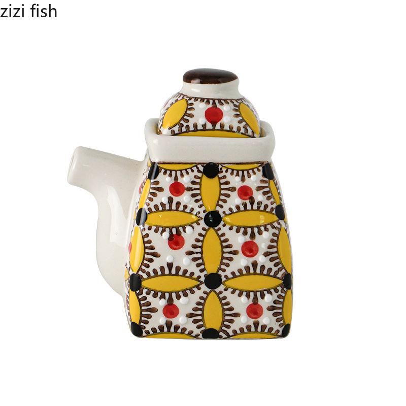 Hand Drawn Ceramic Seasoning Pot Kitchen Spice Container Oil Can Vinegar Pot Seasoning Bottle Ceramic Jar Spice Jar Oil Pots