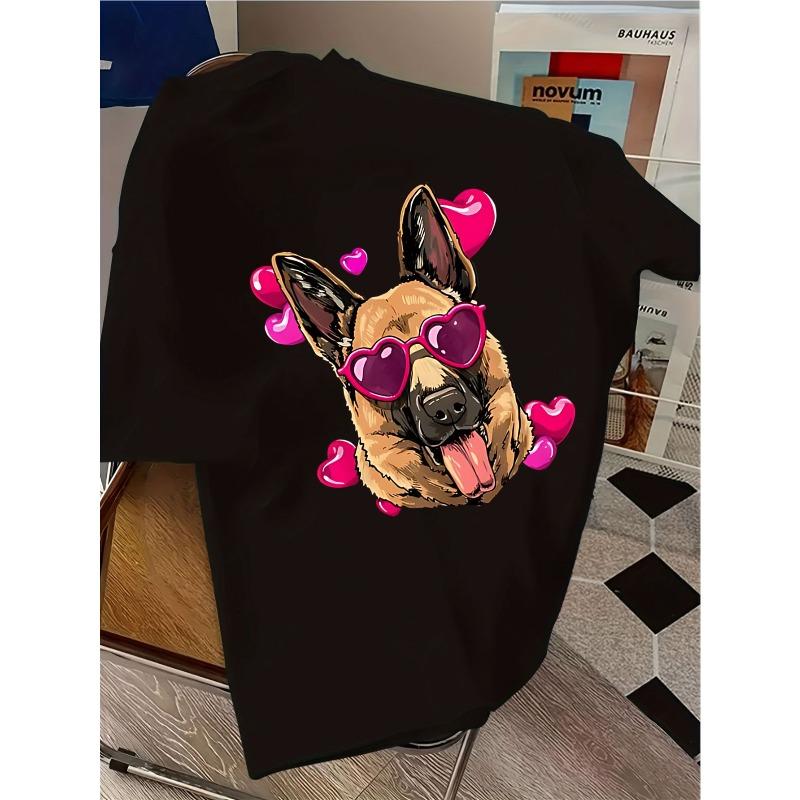 

European sizes T-shirt Featuring a German Shepherd Wearing Heart-shaped Fashion Glasses, Surrounded by Pink Hearts. Fashionable and Cute Design, 164cm чорний