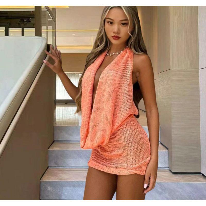 

Solid Color Neck Hanging Sleeveless Dress Pure Color Halter Sleeveless Dress Coral color S