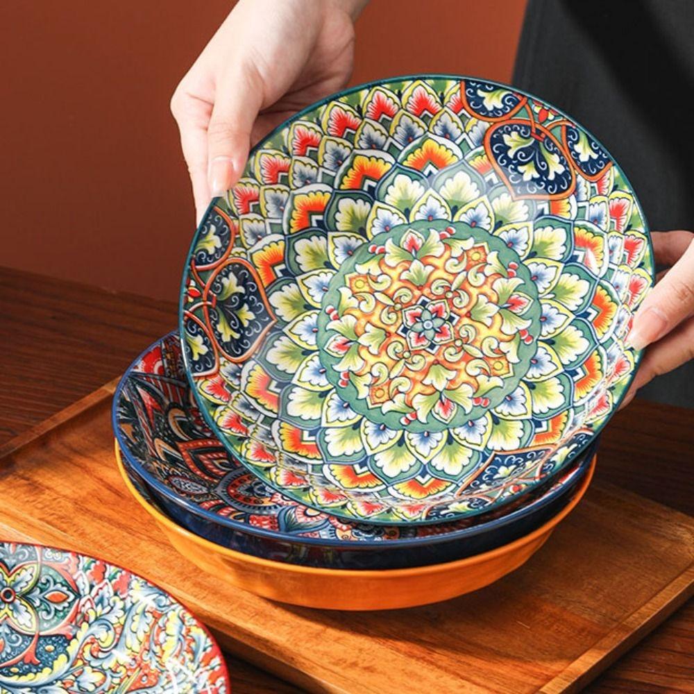 Flower Pattern Dinner Plate Colorful Meal Dish Household Bohemian Ceramic Plate Housewarming Gift