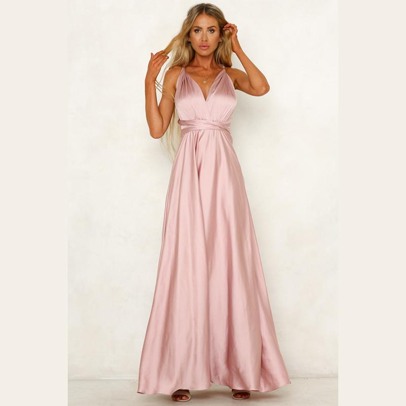 Women Summer Strap V Neck Backless Bandage Satin Solid Color Big Hem One Piece Dress