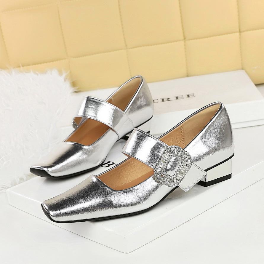 Fashion Designer 2025 Spring Suqare Toe Women Mary Jane Shoes Fashion Shallow Elegant Silvery Crystal Buckle Low Heel Party Footwear