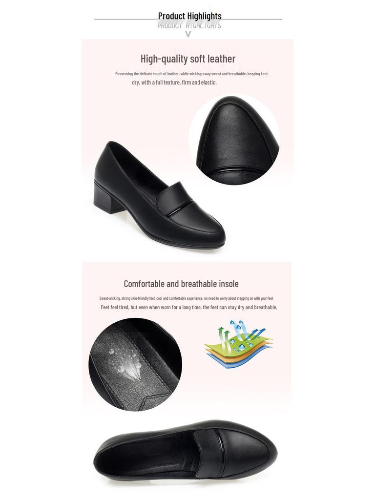 2025 Spring/Autumn Comfortable Soft Leather Chunky Heel Shoes for Women - Versatile for Middle-Aged and Elderly