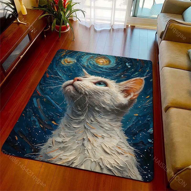1PC Cat and starry night artwork Print Carpet Rug for Living Room Bedroom Sofa Doormat Home Decor Non-slip Floor Mat
