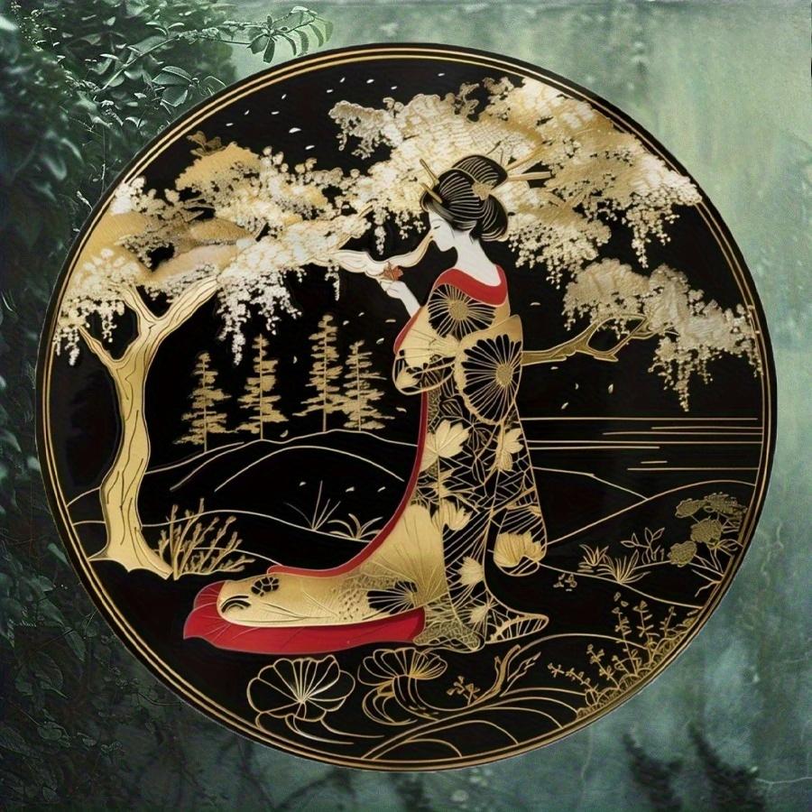 2d Flat 20*20cm, Round Wooden Wall Sign, Japanese Kimono Decorative, Paper Cuttings Decorations, Entrance Decor Gift, for Bar, Cafe, Home, Wall Decor.