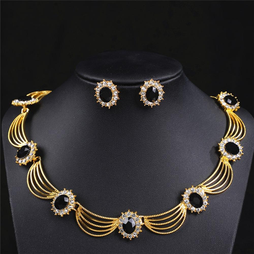 Gold-Tone Gemstone Necklace Set Geometric Statement Jewelry Set Earring Matching Set  Women