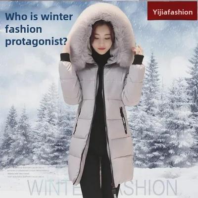 Dámská zimní bunda střední délky slim střihu s kapucí v korejském stylu - Módní velká velikost