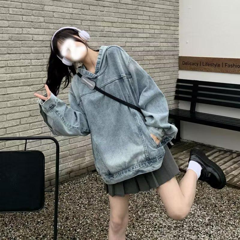 Vintage Women's Denim Sweatshirt Jacket Loose Fit Hooded Pullover Sweatshirt Trendy Spring Autumn