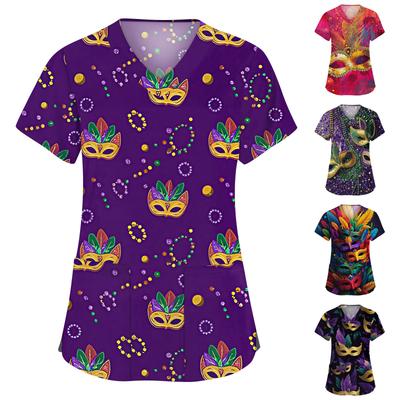 Women's Fashion V-neck Short Sleeve Workwear With Pockets Printed Tops