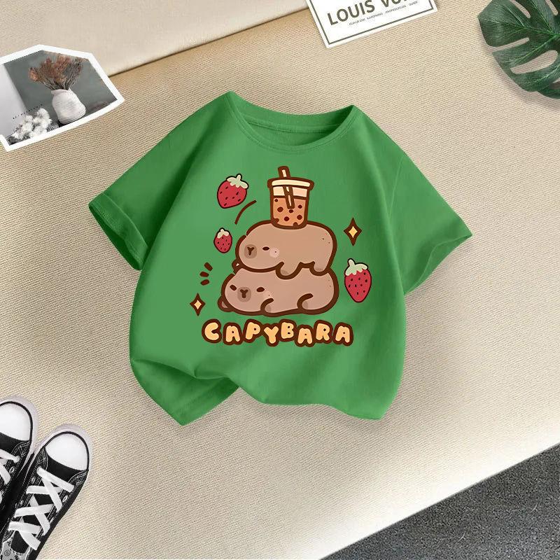 Kinder T-Shirt Capybara Aufdruck Kinder 100% Baumwolle Kleidung Oberteile 2-13J Locker geschnitten Lässig Rundhalsausschnitt Kurzarm T-Shirt