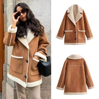 Winter Damen Freizeitjacke Einfarbig Revers Langarm Taschenjacke Winter Retro Einreihige Damen Warme Jacke