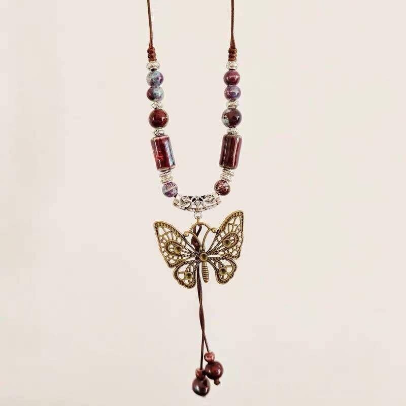 Colier Medieval Zen Ceramic cu Mărgele Fluture - Damă Lung, Ajustabil, Accesoriu Stil Etnic Chinezesc