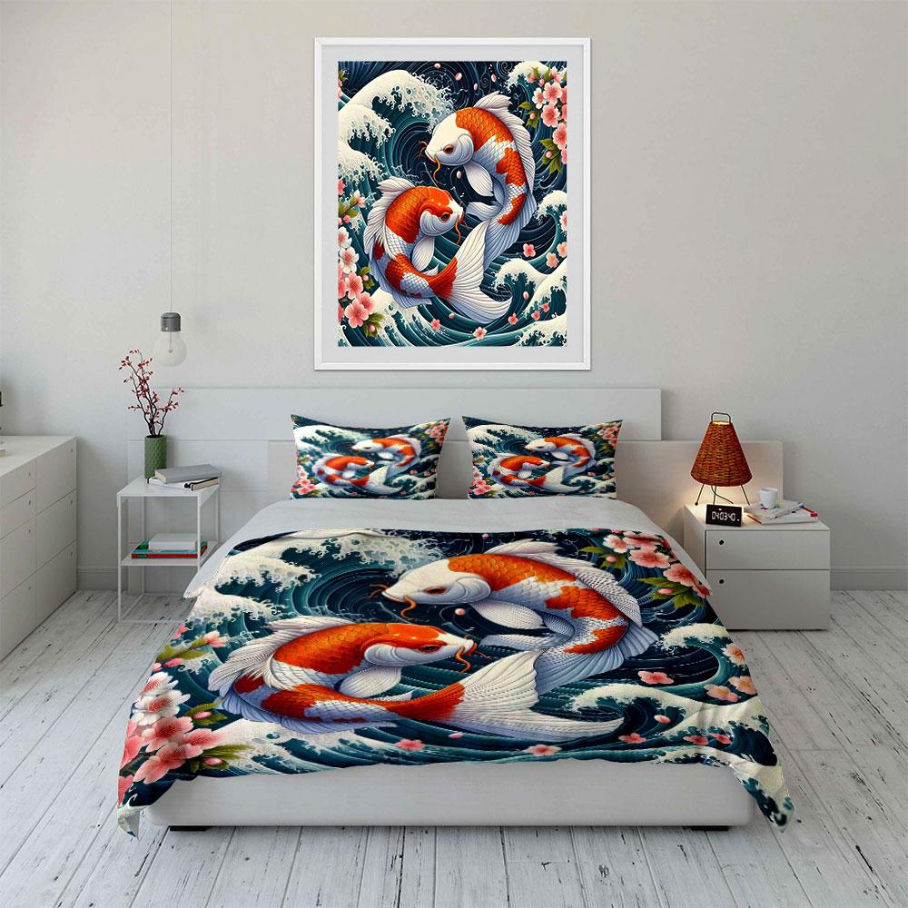 Koi Fish Artistic Decor Set Soft Comfortable Duvet Cover Bedding Set Included 1*Duvet Cover & 2*Pillowcases, Gift