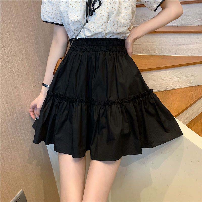 White Skirt Woman Elastic Waist Agaric Edge Solid Color A-line Skirt Sweet Lovely Preppy Style Spring and Summer
