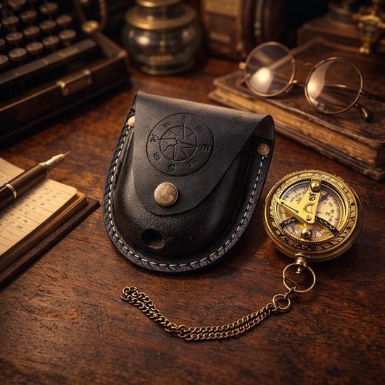 Pocket Polish Brass Sundial Compass with Leather Case and Chain Push Open Compass 5.08 Cm Steampunk Accessory Beautiful Gift