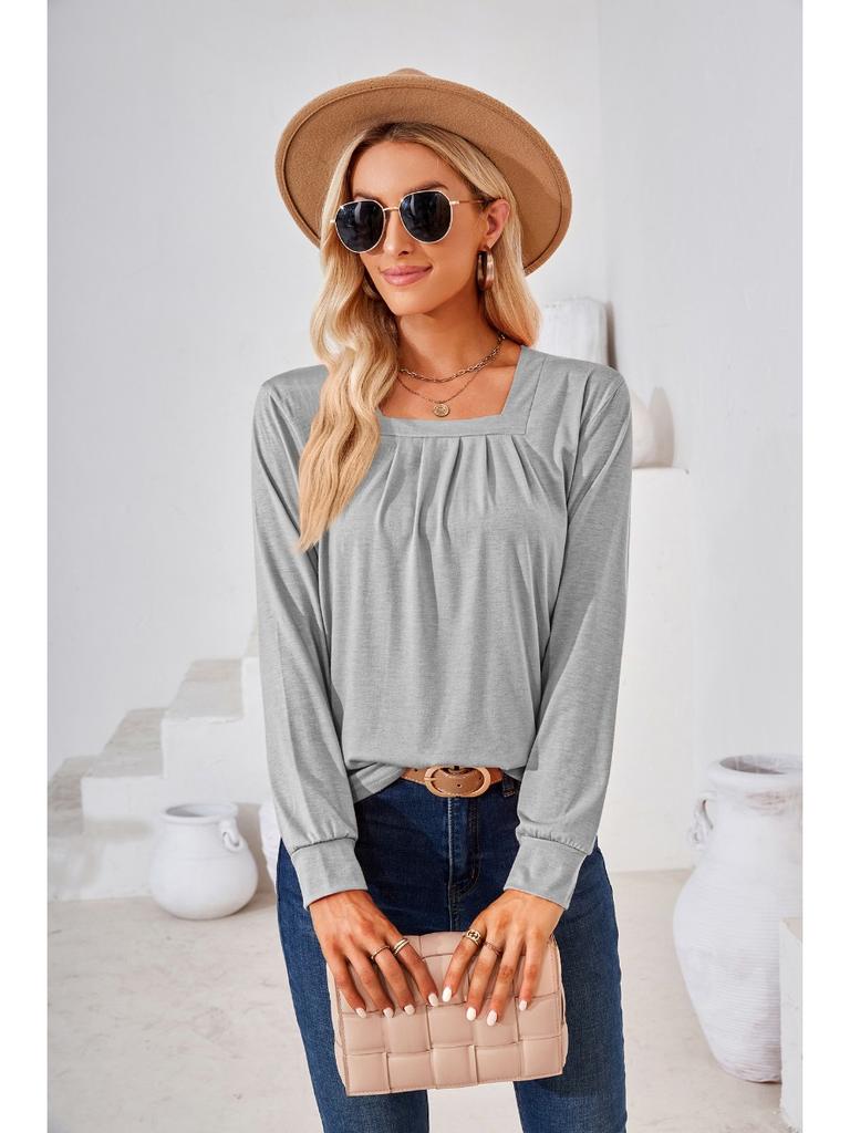 2025 New T Shirts For Women Long Sleeve Square Collar Pleated Pullover Tops Casual Loose Solid Colors Fashion T-Shirt Streetwear