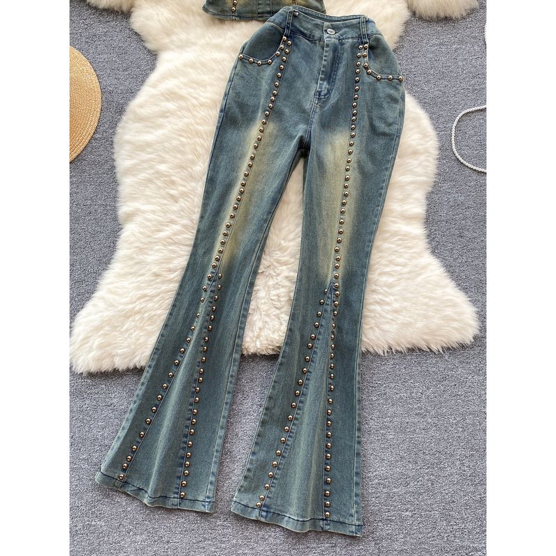 American Retro Denim Tube Top Bootcut Pants Beaded