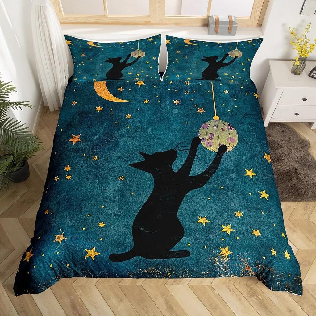 Cartoon Black Cat Duvet Cover Watercolor Flower Bedding Set Pet Animals Botanical Comforter Cover Romantic Rustic Quilt Cover