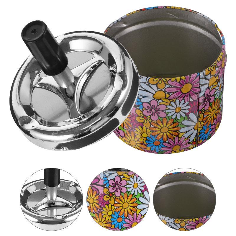 Round Iron Swivel Lid Ashtray Travel For Car Ash Holder Pattern Automatic Extinguishing Ashtray Outdoor Round Ashtray Container