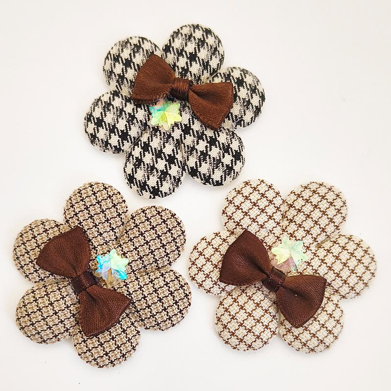 Houndstooth Five-Petal Fabric Flower Brooch & Bow Tie Accessory Set
